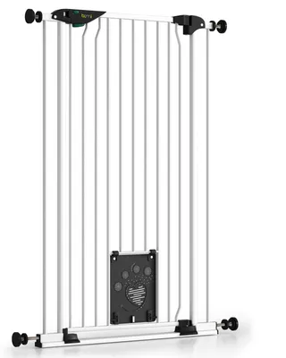 Image de BOMI® Barrière pour animaux Mira avec chatière – À pression – Sans perçage – Barrière de porte blanche pour chien et chat