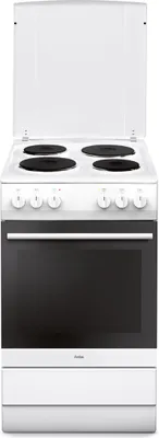 A white freestanding electric cooker with a glass oven door and four ceramic hob burners.