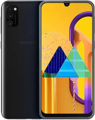A black Samsung Galaxy M30s smartphone is shown from the front and back.