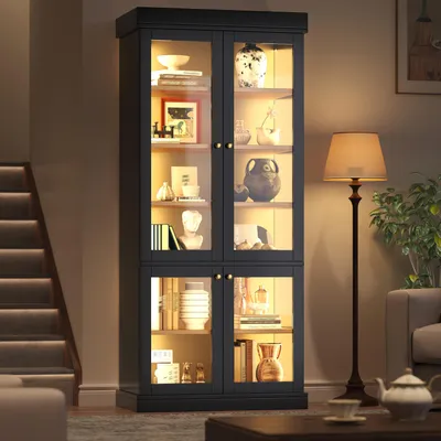 Produktbild von Flieks Moderner 180cm Schwarz Glasvitrine mit integrierter LED-Stimmungsbeleuchtung, Standvitrine, Standhochschrank 80x40x180cm