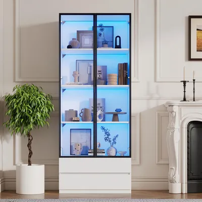 Immagine prodotto di okwish Vetrina Vetrina alta Credenza con illuminazione a LED e 2 ante, Libreria Vetrina con 2 cassetti e struttura in alluminio, Bianco
