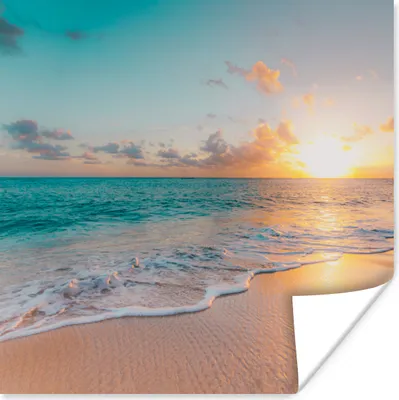 Produktbild von MuchoWow® Poster Sonnenuntergang - Strand - Meer - Sommer - Blau 50x50 cm - Wohnzimmerdekoration