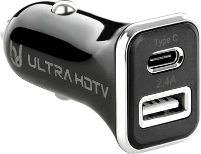 Produktbild von Ultra HDTV USB Auto-Ladegerät, Dual Port (USB-C & USB-A), 12-24V, 2.4A, Schnelllade-Adapter für Smartphones, Schwarz