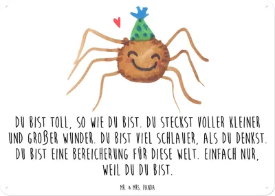Produktbild von Mr. & Mrs. Panda Schild Spinne Agathe Party DIN A6 - Weiß - Geschenk, wandtafel, tafel, Glück, Türschild, Wunder, Wandbild, Blechschild, Motivation, Selbstliebe