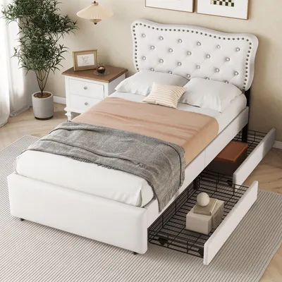 Produktbild von Merax Polsterbett 90 × 200 cm, Flachbett mit 2 Schubladen, dekorativen Nieten Kopfteil, Kinderbett, Jugendbett, Einzelbett, Leinen, Beige