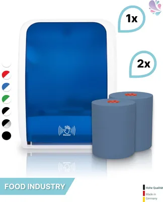 Produktbild von SET: Handtuchrollenspender SENSOR, berührungslos, Blanc Cosmos verschied. Farben + 2 Handtuchrollen Classico BLAU - PRODUKTSET : Farbe - Blau / Weiß Farbe: Blau / Weiß