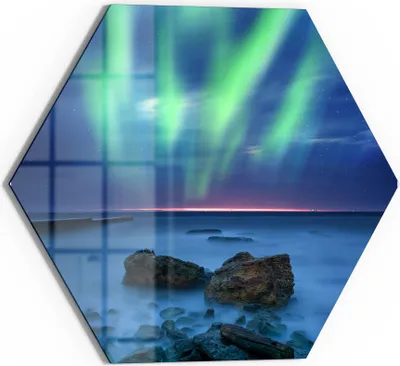 Produktbild von DEQORI Glasbild Echtglas 40x35 cm 'Polarlicht über Felsküste' Wandbild Bild modern Deko