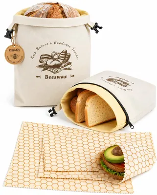 Bienenwachs-Brotbeutel-Set, 2 Beutel + 3 Folien, wiederverwendbar