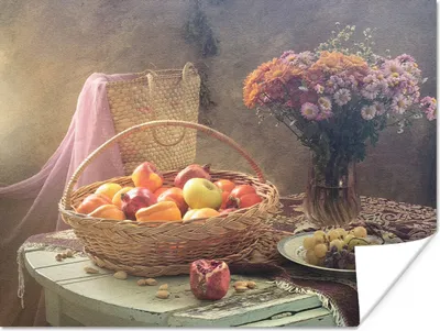 Produktbild von MuchoWow® Poster Stillleben - Malerei - Blumen - Obst - Äpfel - Trauben - Kunst 80x60 cm - Kunst für zu Hause