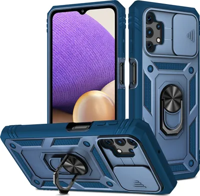 Produktbild von Galaxy A32 5G Hülle, Schiebe Kamera Schutz Robust Rüstung Stoßfest Schutzhülle mit Ringhalterung Ständer Kartenhalter für Samsung Galaxy A32 5G Blau