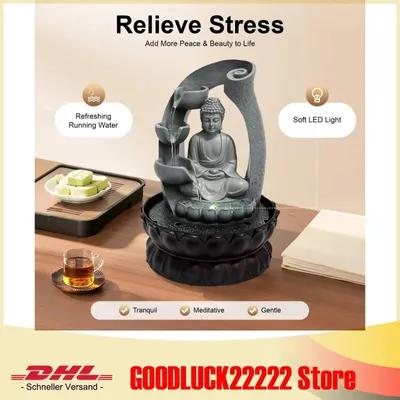 Produktbild von Buddha Statue - Tischbrunnen - Harz - Zen Meditation - Zimmerbrunnen - Indoor für Schreibtisch & Wohnzimmer - Wasserfall Deko - Grau