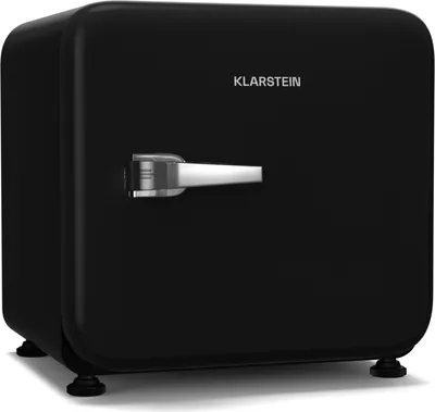 A black mini refrigerator with a silver handle is shown from the front.