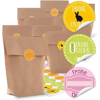 Produktbild von 24 kleine braune Ostertüten Geschenktüten 16,5 x 26 x 6,6 cm + 24 schwarz gelb Kraftpapier FROHE OSTERN OSTERHASE Osteraufkleber 5 x 14,8 cm Geschenk Verpackung give-away Mitgebsel TütenOstermotive Bunt
