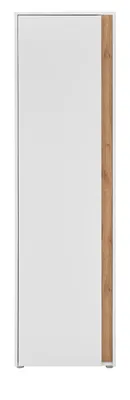 A tall, narrow cabinet with a white front and a vertical strip of wood-effect material on the right side.