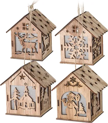 Produktbild von com-four® 4-teiliges LED Hängedeko-Set aus Holz - Hängefigur Haus mit Beleuchtung - weihnachtliche Dekoration zum Aufhängen - Weihnachtsdeko [Auswahl variiert]