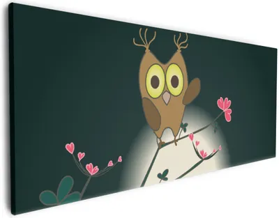 Produktbild von Wallario Premium Leinwandbild Süße verliebte Eulen auf dem Ast bei Nacht im Mondschein in Größe 80 x 200 cm