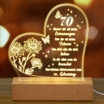 Acryl-Geschenkleuchte Herzform 70. Geburtstag LED warmweiß