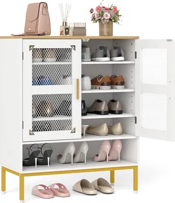 Zdjęcie produktu dla COSTWAY 5-poziomowa szafka na buty z siatkowymi drzwiami, komoda na buty z półkami i metalowymi nogami, organizer do przechowywania butów, biały, 70x35x93cm