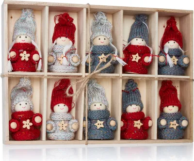 Produktbild von BRUBAKER 10-teiliges Set Weihnachtswichtel aus Holz und Strick Baumanhänger Weihnachtsanhänger 8 cm in Geschenkbox