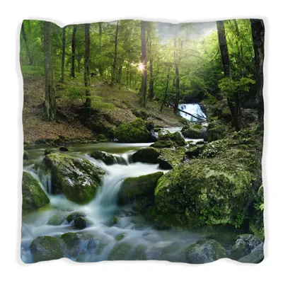 Produktbild von Wallario Premium Kissen, weiche Oberfläche, mit Motiv Fließender Bach im Wald bei Sonnenuntergang, Größe: 30 x 30 cm, mit weißer Rückseite