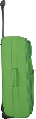 A side view of a green suitcase with a telescopic handle extended.