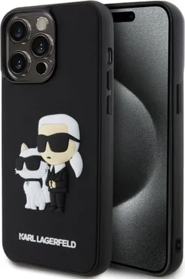 A black iPhone 15 Pro Max case with a 3D Karl Lagerfeld and Choupette design is shown.