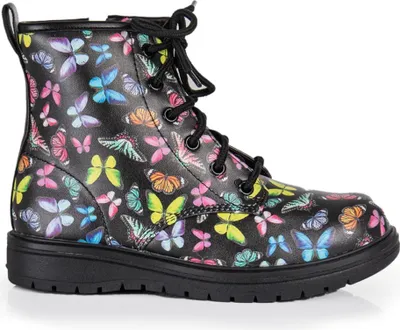 A single black boot with a colorful butterfly pattern is shown against a white background.
