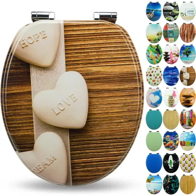 Produktbild von Sanfino® Premium WC Sitz "Hearts" hochwertiger Toilettendeckel mit Absenkautomatik aus Holz, viele bunte Motive, einfache Montage