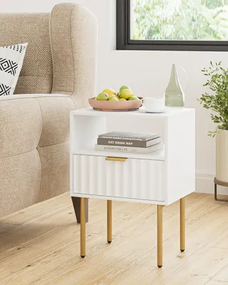 Produktbild von Nachtschrank mit Schublade, weiß und gold, mit Ablage, für Schlafzimmer