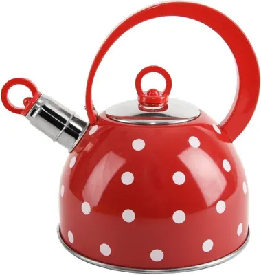 A red and white polka dot kettle is shown against a white background.