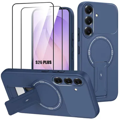 Image de Coque + 2 Verres Trempés pour Samsung Galaxy S26 Plus, avec Cercle Magnétique et Support Bleu Foncé