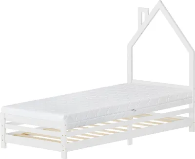 Produktbild von ML-Design Kinderbett Haus 90x200 cm Weiß mit Matratze H:16cm, Hausbett für Kinder, Holzbett mit Lattenrost, Schornstein Design, massivem Kiefernholz