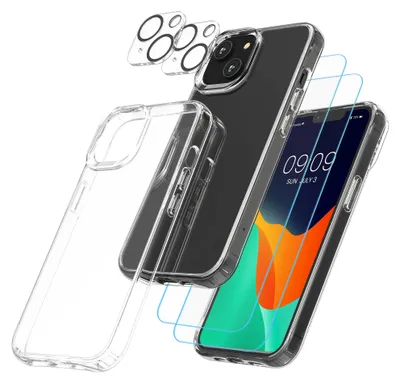 Produktbild von kwmobile 5in1 Set Handyhülle kompatibel mit Apple iPhone 14 Hülle - 1x stoßsichere Schutzhülle 2x Schutzglas Display 2x Kamerschutz Glas - Transparent