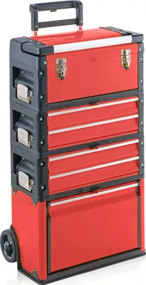 A red and black rolling tool chest with multiple drawers and a top compartment.