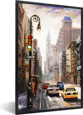 Produktbild von MuchoWow® Gerahmtes Poster Gemälde - Stadt - Auto - Öl 60x90 cm - Poster mit Schwarzem Bilderrahmen Wandposter Rahmen Foto Bilder - Kunst