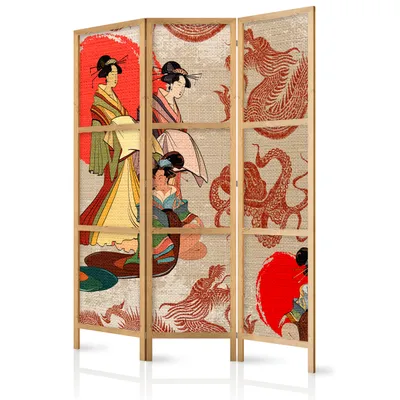 A three-panel folding screen with Japanese-inspired artwork.