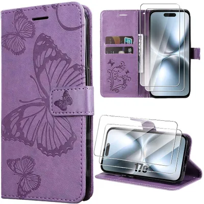 Image de Coque + 2 Verres Trempés pour iPhone 17e, Effet Cuir Antichoc Anti-Rayures Motif Papillon Violet