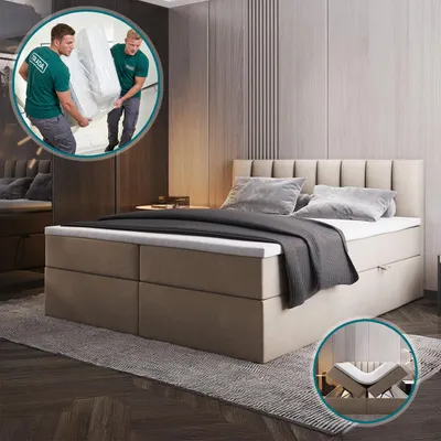 A bedroom scene featuring a boxspring bed, with inset images showing delivery and a bed mechanism.