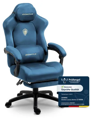 Obrázek produktu pro Ergonomická herní židle s bederní opěrkou, potažená velurem, s tlustým polstrováním, opěrkou nohou, nastavitelnými podloketníky a možností nastavení sklonu až do 160 stupňů. Barva: modrá