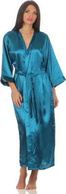 Produktbild von Damen langes Kimono Nachtmantel Seidenrobe Morgenmantel, Petrol S