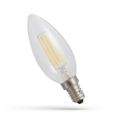 A clear glass LED filament candle bulb with a silver screw base, shown against a white background.