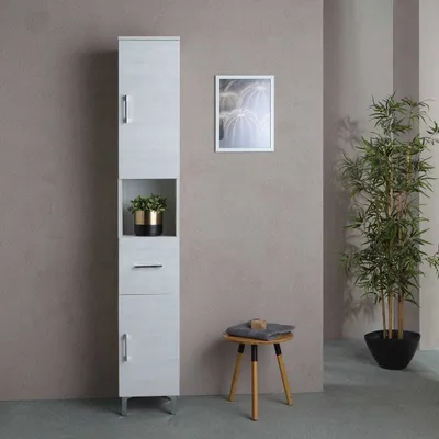 Produktbild von 190 cm großer Hochschrank in Holzoptik Eiche weiß mit Regalböden aus Glas | Rimini