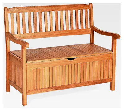 Produktbild von Gartenbank aus Holz mit Stauraum, Truhenbank mit Aufbewahrungsbox, 2-Sitzer Massivholz bis 360 kg belastbar, Terrassenbank für den Außenbereich, Gartenbank mit Arm- und Rückenlehne, 107x59x90cm