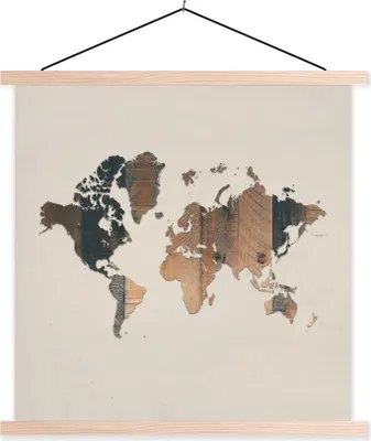 Produktbild von MuchoWow® Textilposter Weltkarte - Braun - Holz 120x120 cm mit holzfarbenen Rahmen - Textil-Poster
