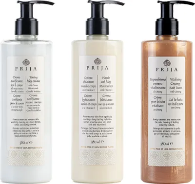 Produktbild von Prija Wellness Set aus Feuchtigkeitscreme für Hände und Körper & Cremigem Noce-Verde-Balsam & Vitalisierendem Ginseng Duschgel - 3 Flaschen 380 ml