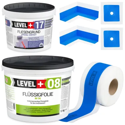 Obrázok produktu pre Súprava na hydroizoláciu Tekutá fólia 12 kg Základný náter na dlaždice 4 kg Tesniaca páska 10mb Sprcha - LEVEL+ SET337