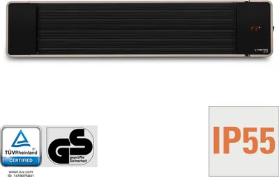 A black and gray infrared heater is shown against a white background, with certification logos and an IP55 rating displayed.