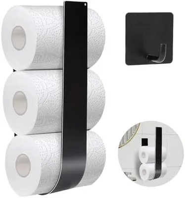 Produktbild von Toilettenpapier Aufbewahrung Wand, Ersatzrollenhalter ohne Bohren mit 1 klebehaken,Toilettenpapierhalter für 3 Klorollen, WC Rollenhalter aus Metall für Badezimmer, Küche, Waschraum (Schwarz)