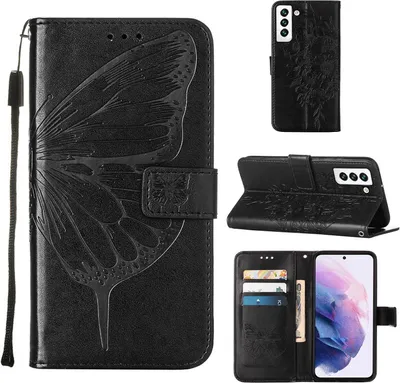 Produktbild von Galaxy S23 Hülle, Schmetterling Prägung Flip Leder Kartenfächer Schutzhülle Ledertasche mit Ständer für Samsung Galaxy S23 Schwarz