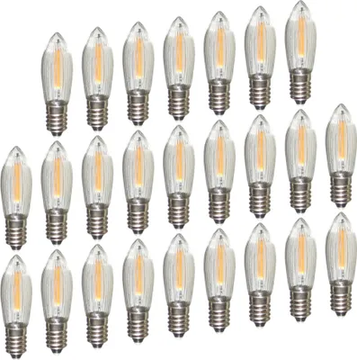 Produktbild von Erzgebirgslicht - AUSWAHL - 25 Stück LED Filament Topkerze 8 V 0,2 W für INNEN, für 28-30 Brennstellen E10 Riffelkerze Ersatzbirne Glühbirne Glühlämpchen für Lichterketten Pyramide Schwibbogen